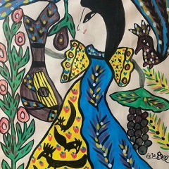 BAYA-1988-Femme-oiseaux-grappe-et-fleurs-1998.-Gouache-sur-papier-645-x-495-cm
